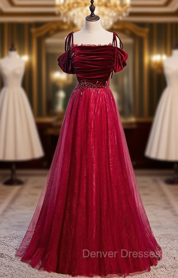 Burgundy Tulle Velvet Spaghetti Straps Beading Prom Dress Main image
