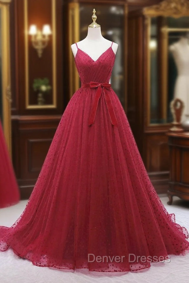 Burgundy Tulle Wave Point Prom Dress Main image