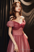 Burgundy Tulle With Beaded A-Line Party Dress, Off The Shoulder Evening Dress