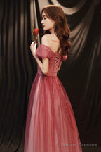 Burgundy Tulle With Beaded A-Line Party Dress, Off The Shoulder Evening Dress