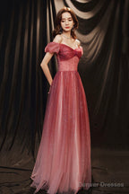 Burgundy Tulle With Beaded A-Line Party Dress, Off The Shoulder Evening Dress