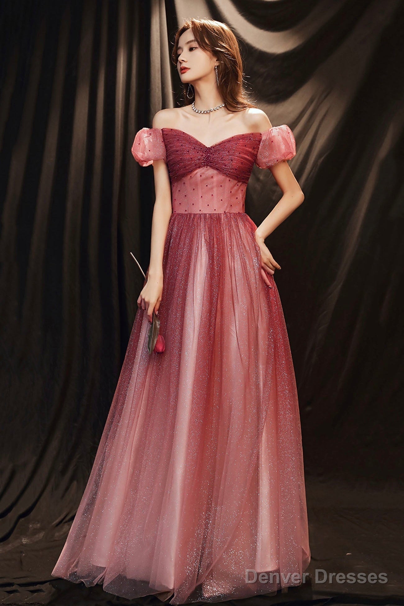 Burgundy Tulle With Beaded A-Line Party Dress, Off The Shoulder Evening Dress
