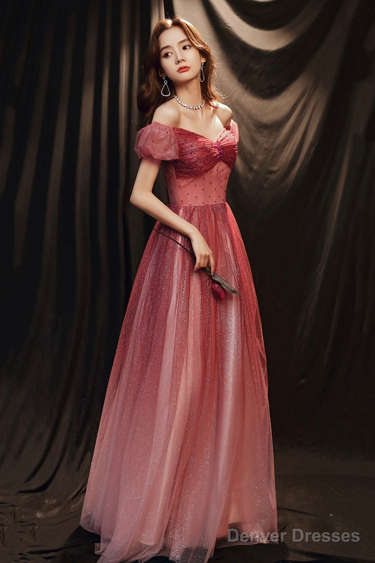 Burgundy Tulle With Beaded A-Line Party Dress, Off The Shoulder Evening Dress