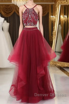 Burgundy two pieces beads long prom Dress, burgundy evening Dress