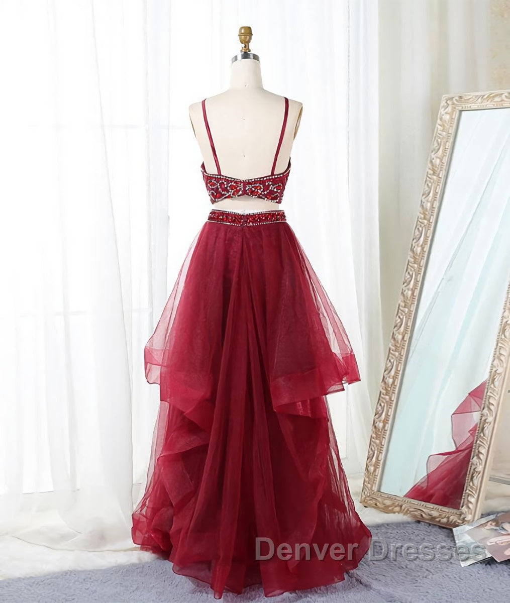 Burgundy two pieces beads long prom Dress, burgundy evening Dress