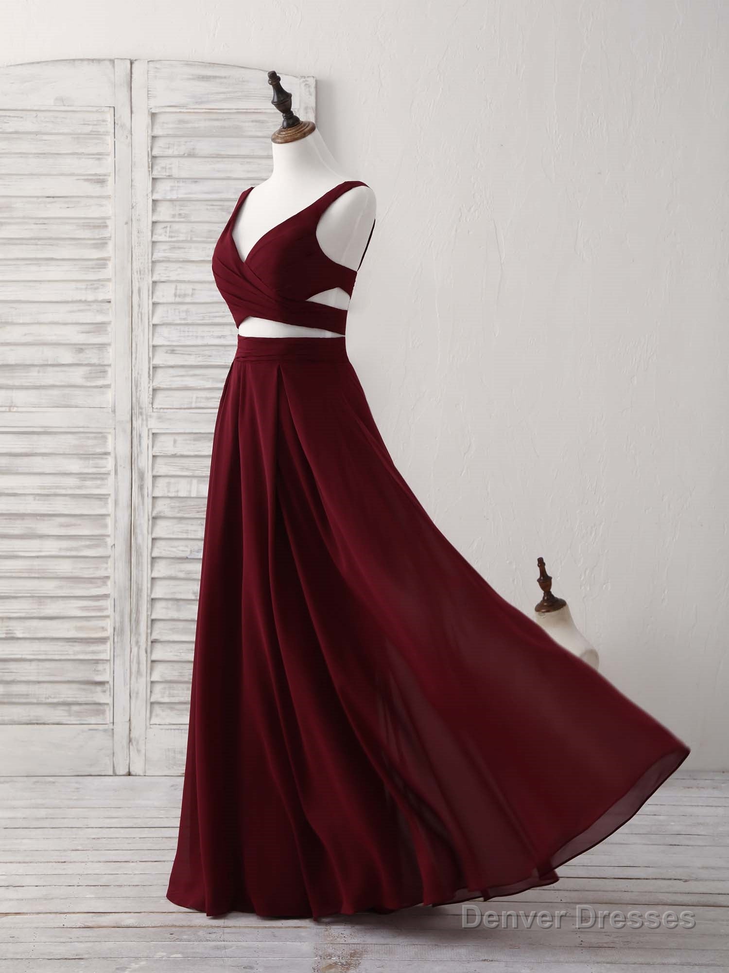 Burgundy Two Pieces Chiffon Long Prom Dress, Evening Dress Main image