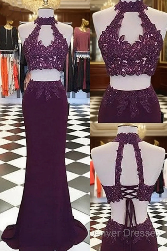 Burgundy Two Pieces Lace Long Prom Dress, Evening Dress Main image