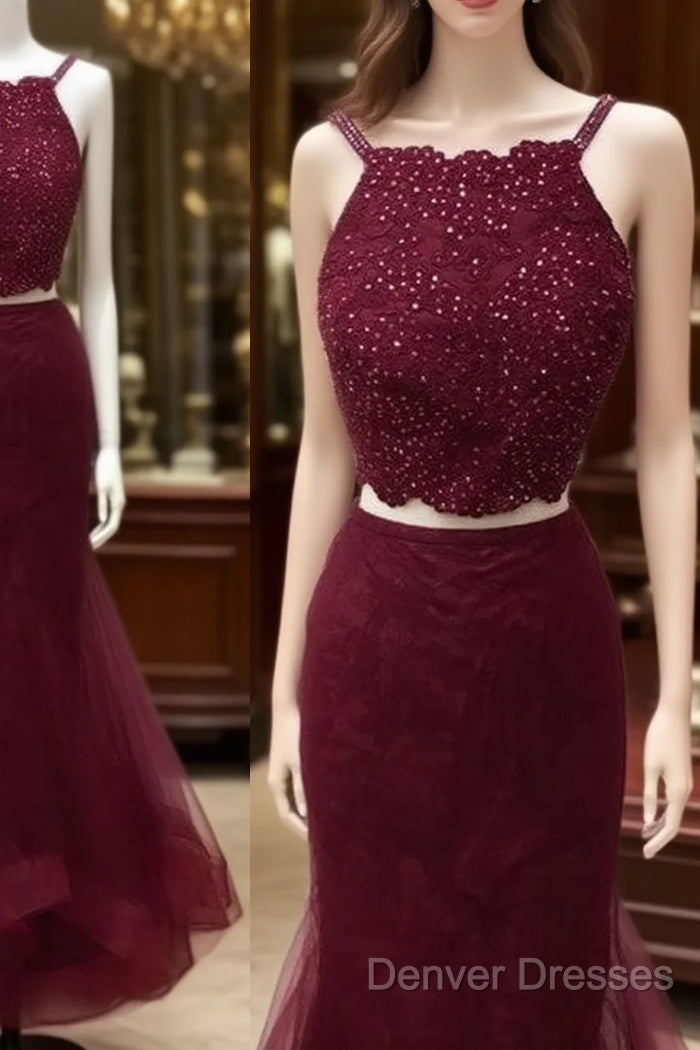 Burgundy Two Pieces Lace Tulle Long Prom Dress Main image