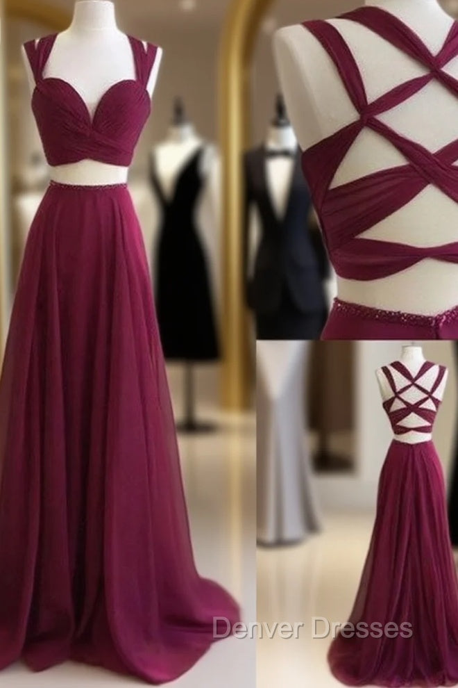 Burgundy Two Pieces Long Prom Dress, Burgundy Evening Dress Main image