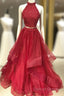 Burgundy Two Pieces Tulle Lace Long Prom Dress, Lace Evening Dress