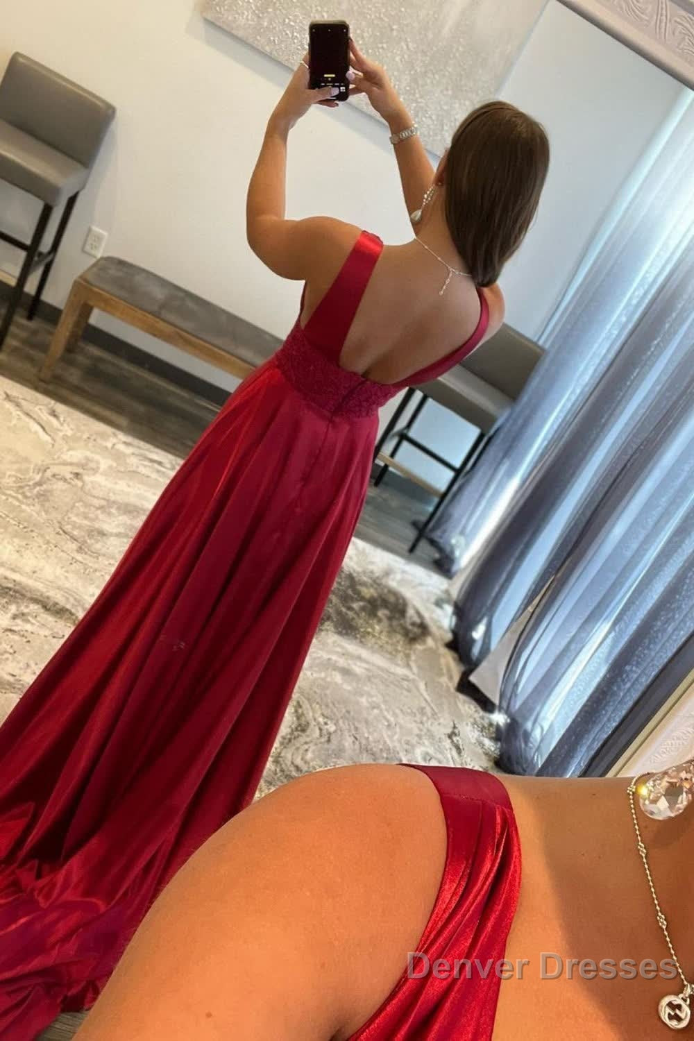 Burgundy V Neck Backless Long Prom Dress with Lace Secondary image