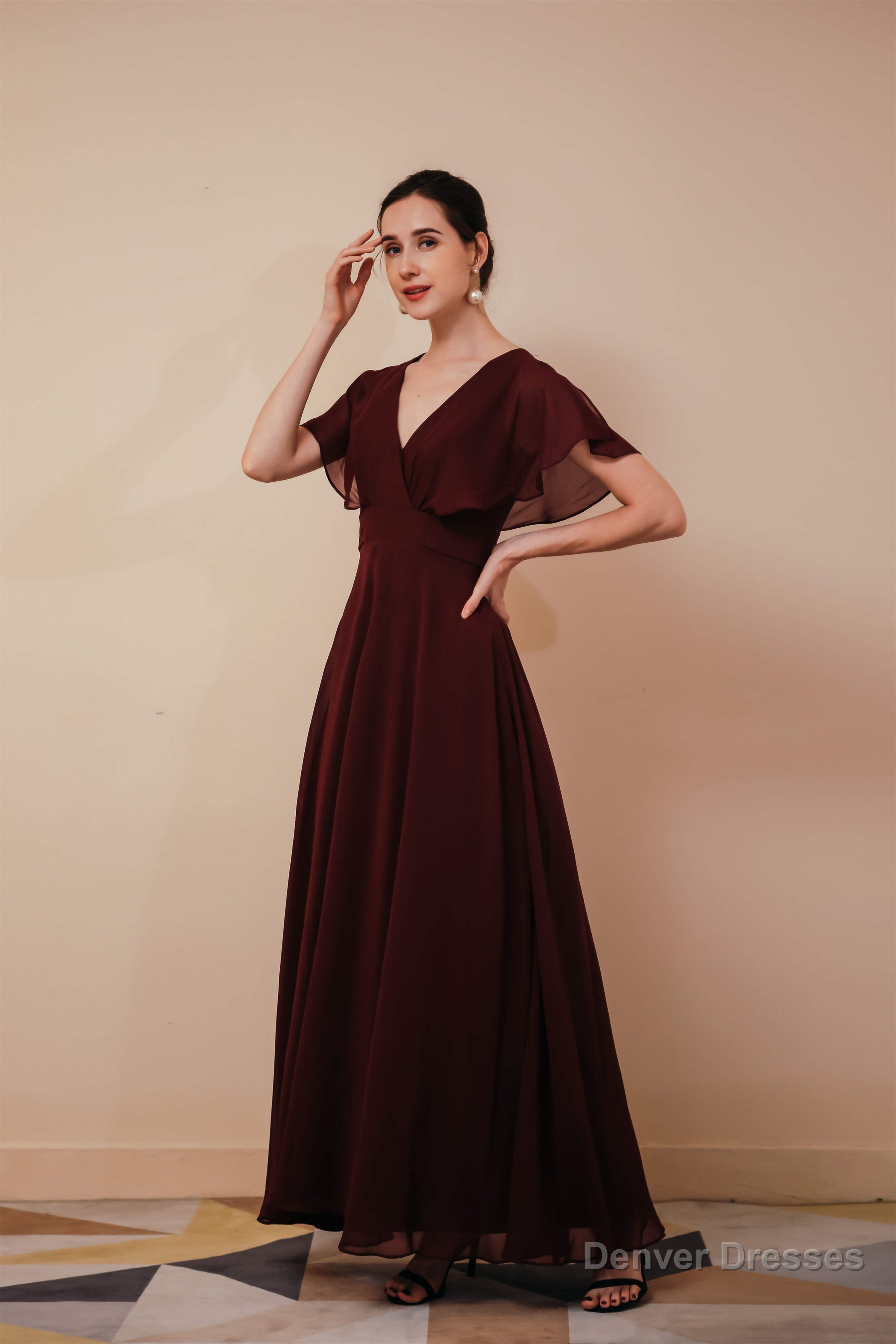 Burgundy V-Neck Chiffon A Line Long Prom Dresses Secondary image