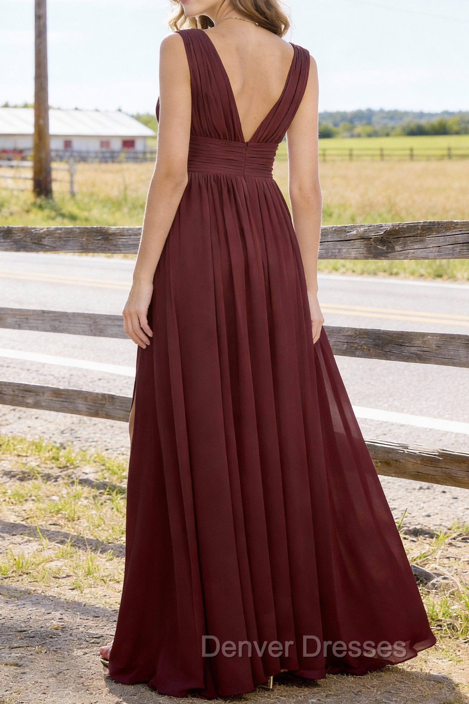 Burgundy V Neck Chiffon Floor Length Bridesmaid Dresses Long Bridesmaid Dress With Pleated Split Secondary image