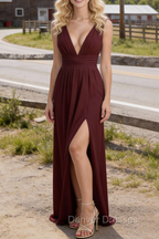 Burgundy V Neck Chiffon Floor Length Bridesmaid Dresses Long Bridesmaid Dress With Pleated Split