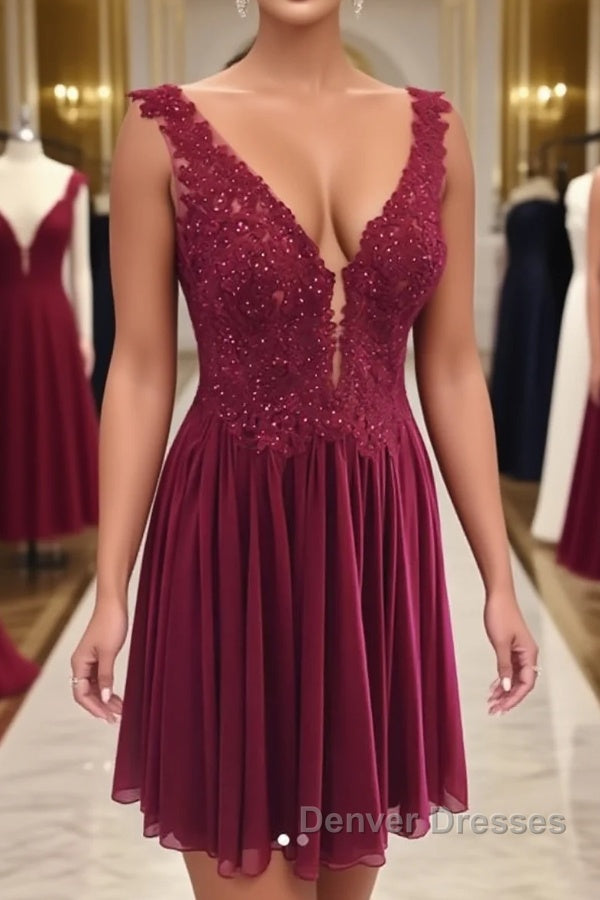 Burgundy v neck chiffon lace short prom Dress, homecoming Dress Main image