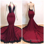Burgundy V-neck Halter Appliques Long Mermaid Evening Dress