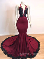 Burgundy V-neck Halter Appliques Long Mermaid Evening Dress