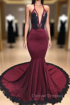 Burgundy V-neck Halter Appliques Long Mermaid Evening Dress