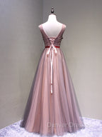 Burgundy V Neck Lace Floral Long Prom Dress, Burgundy V Neck Long Formal Evening Dress