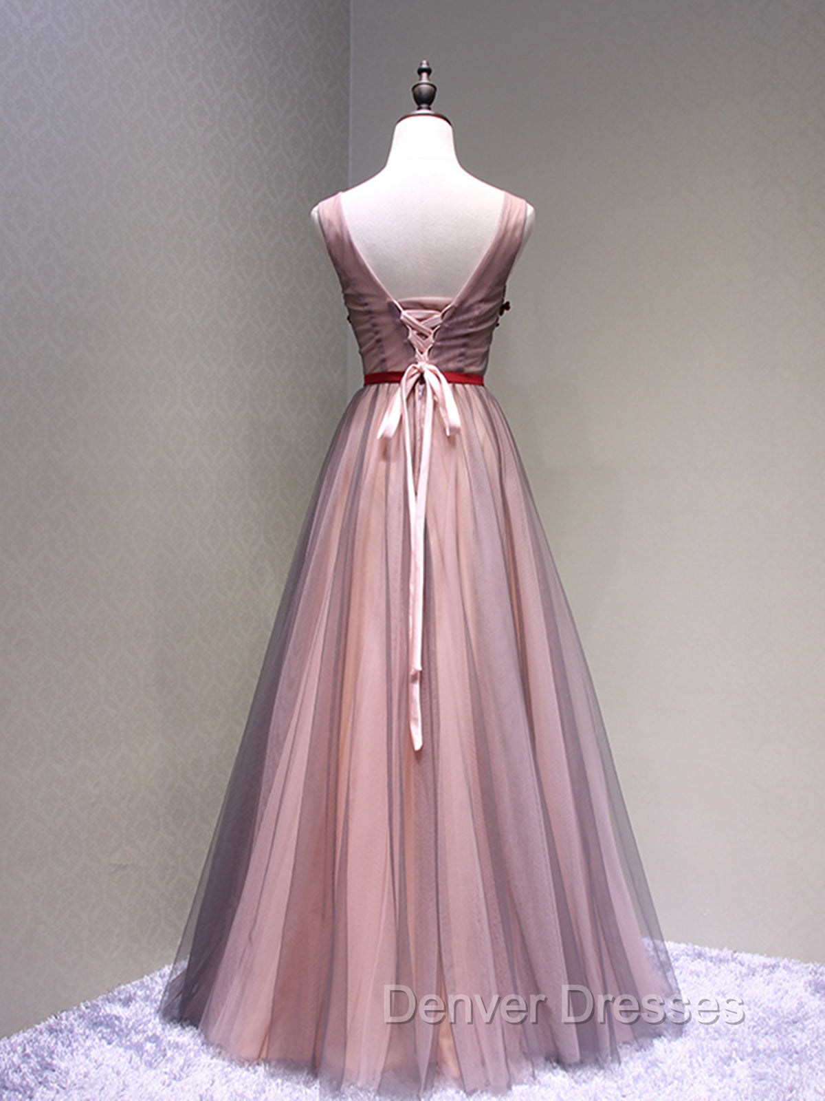Burgundy V Neck Lace Floral Long Prom Dress, Burgundy V Neck Long Formal Evening Dress
