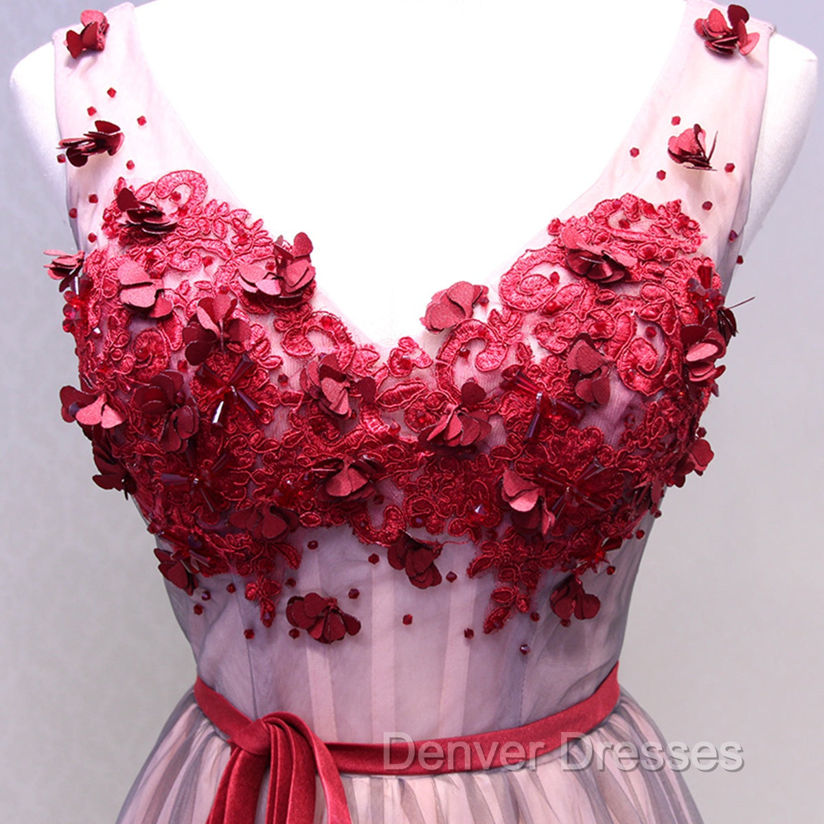 Burgundy V Neck Lace Floral Long Prom Dress, Burgundy V Neck Long Formal Evening Dress