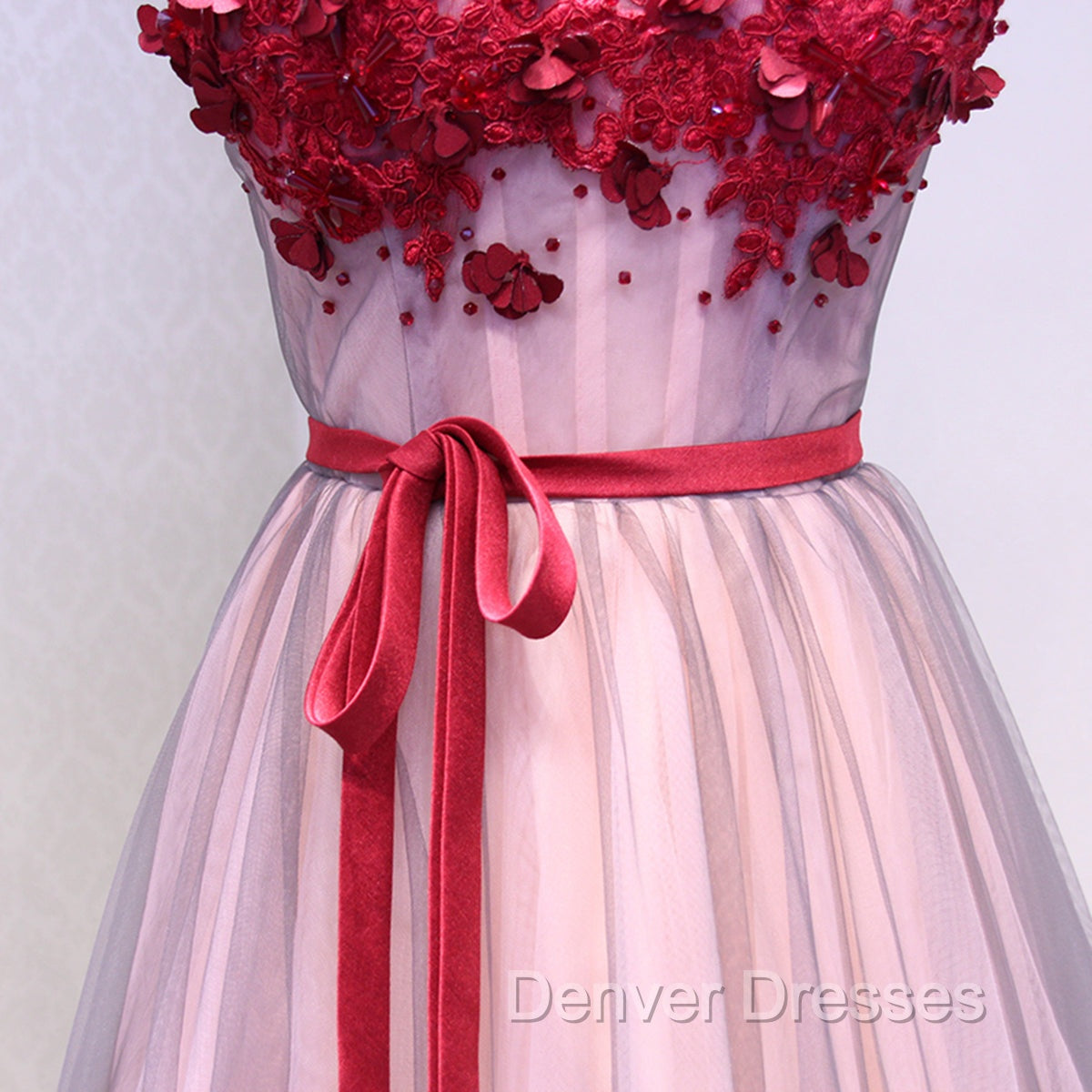 Burgundy V Neck Lace Floral Long Prom Dress, Burgundy V Neck Long Formal Evening Dress
