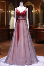 Burgundy V Neck Lace Floral Long Prom Dress, Burgundy V Neck Long Formal Evening Dress