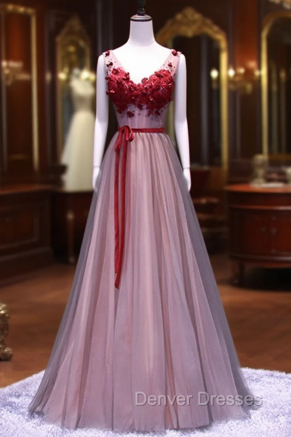 Burgundy V Neck Lace Floral Long Prom Dress, Burgundy V Neck Long Formal Evening Dress