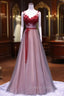 Burgundy V Neck Lace Floral Long Prom Dress, Burgundy V Neck Long Formal Evening Dress