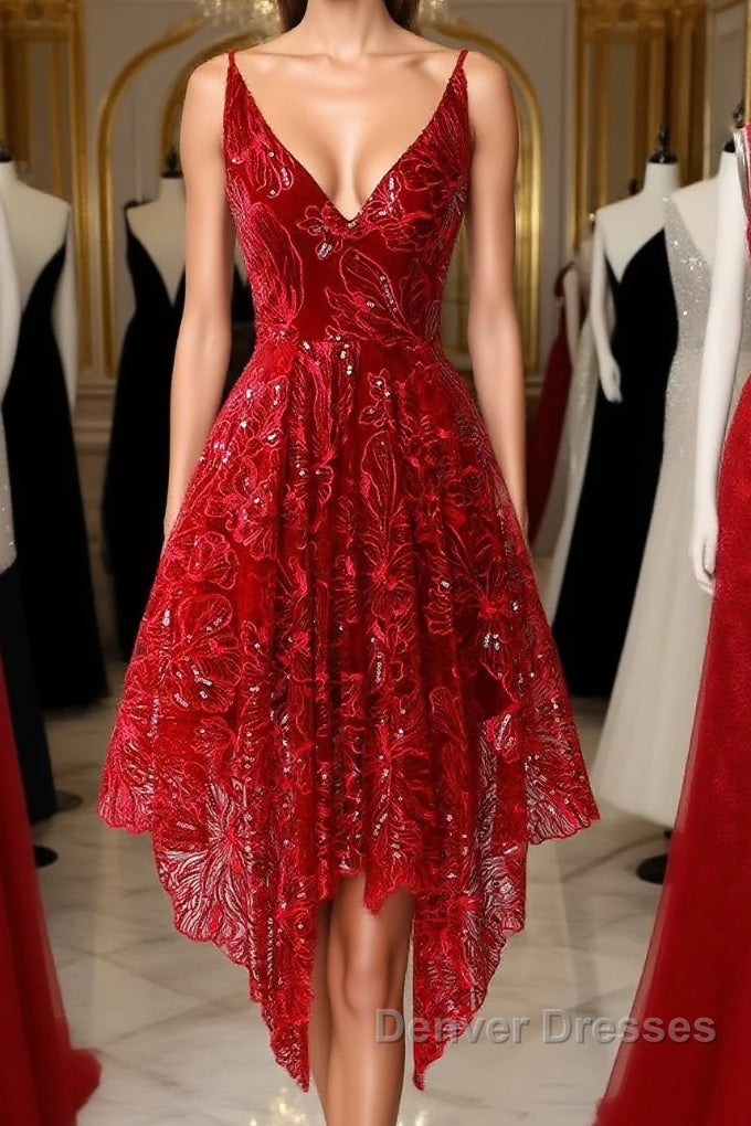 Burgundy v neck lace high low prom Dress lace formal Dress Main image