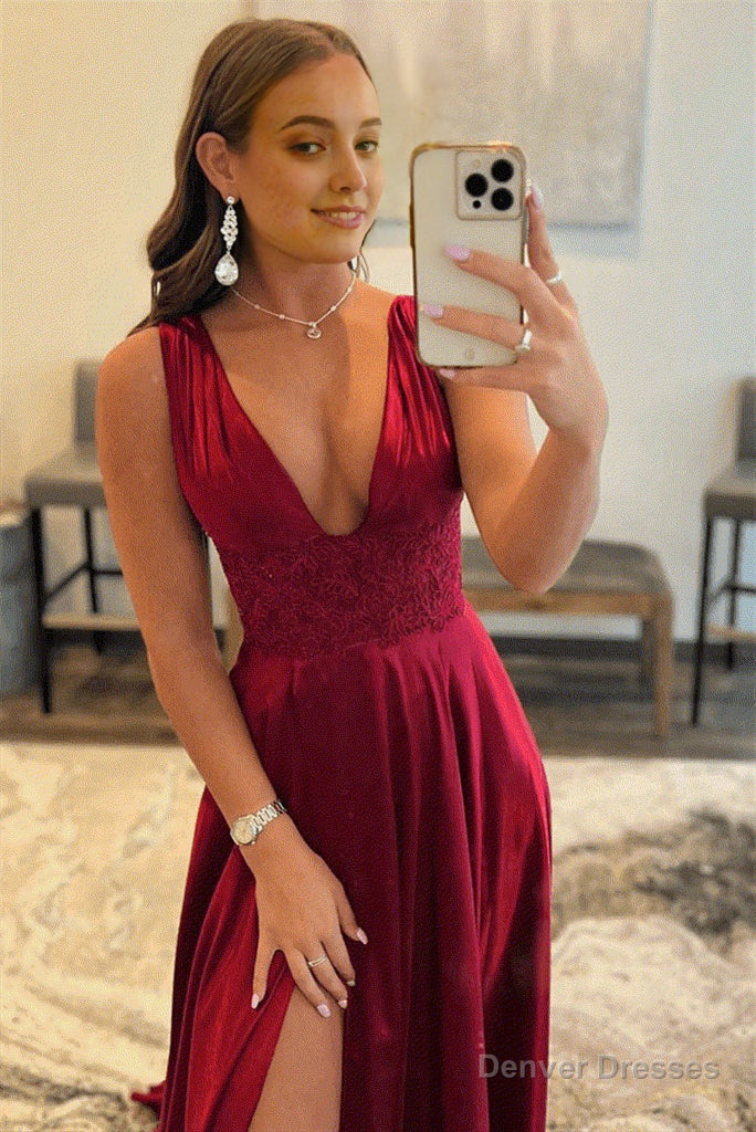 Burgundy V Neck Lace Long Prom Evening Dress with High Slit Secondary image
