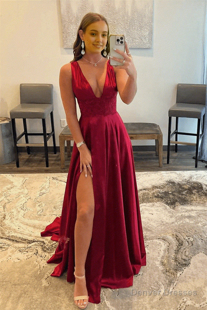 Burgundy V Neck Lace Long Prom Evening Dress with High Slit Main image