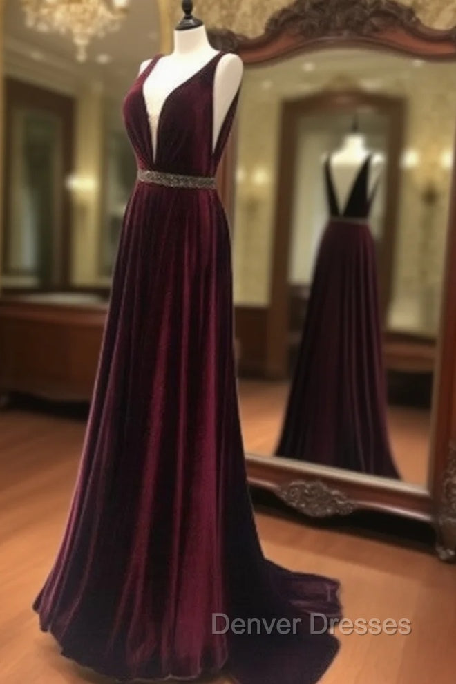 Burgundy V Neck Long Prom Dress, Burgundy Evening Dress Main image