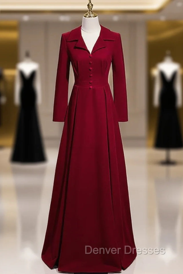 Burgundy V-neck Long Sleeve Prom Dress Main image