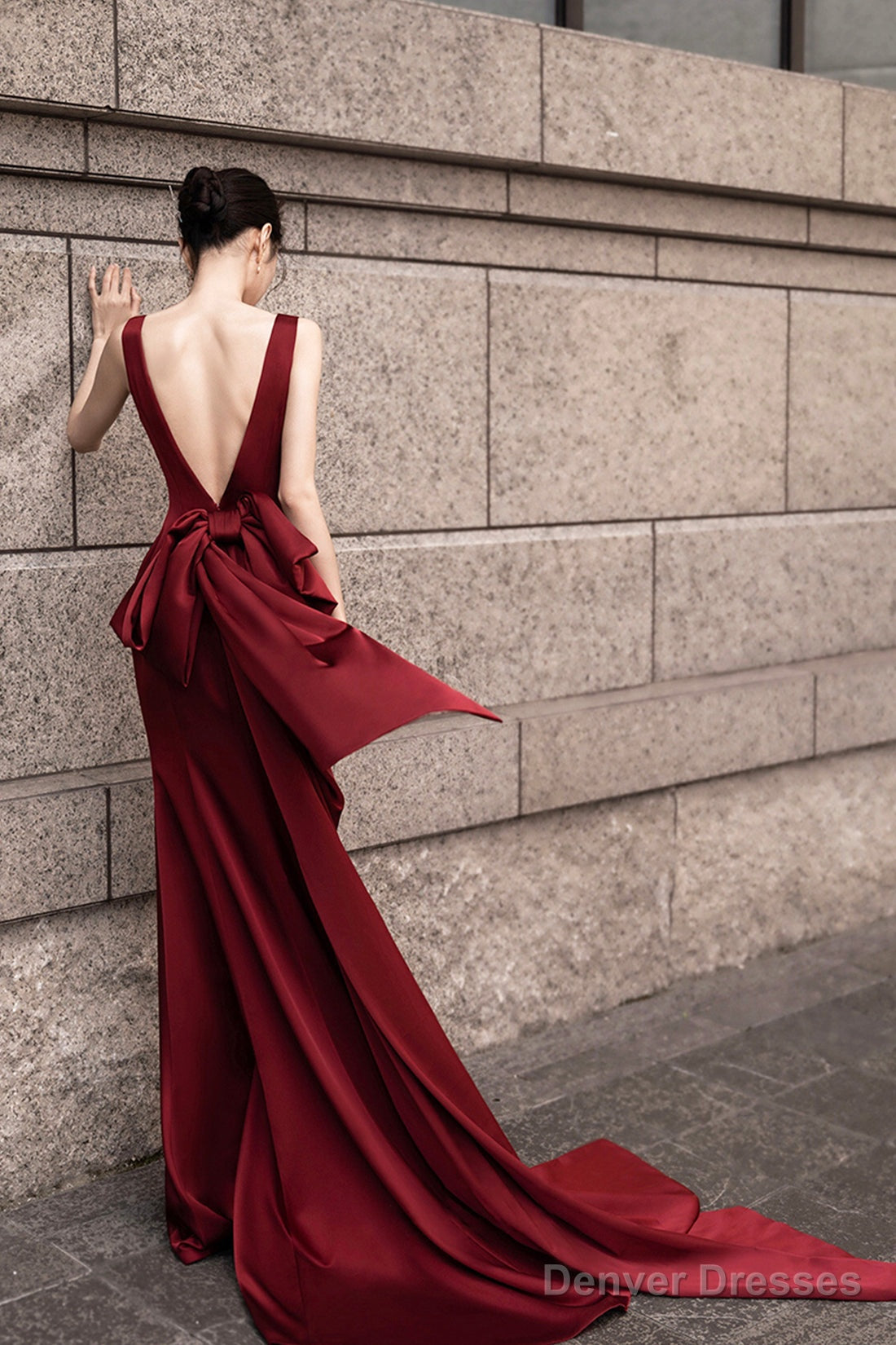 Burgundy V-Neck Satin Long Prom Dress, Burgundy Backless Evening Dress With Bow Secondary image