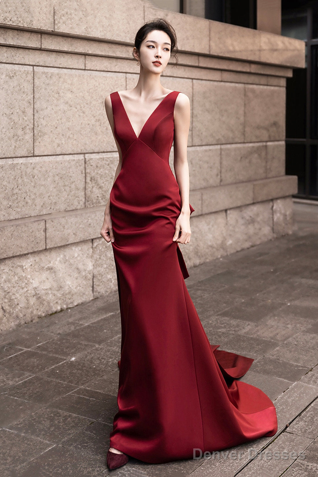 Burgundy V-Neck Satin Long Prom Dress, Burgundy Backless Evening Dress With Bow Main image