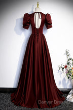 Burgundy V-Neck Satin Long Prom Dress, Simple Short Sleeve Evening Party Dress