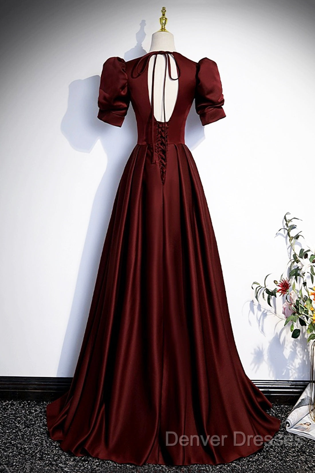 Burgundy V-Neck Satin Long Prom Dress, Simple Short Sleeve Evening Party Dress