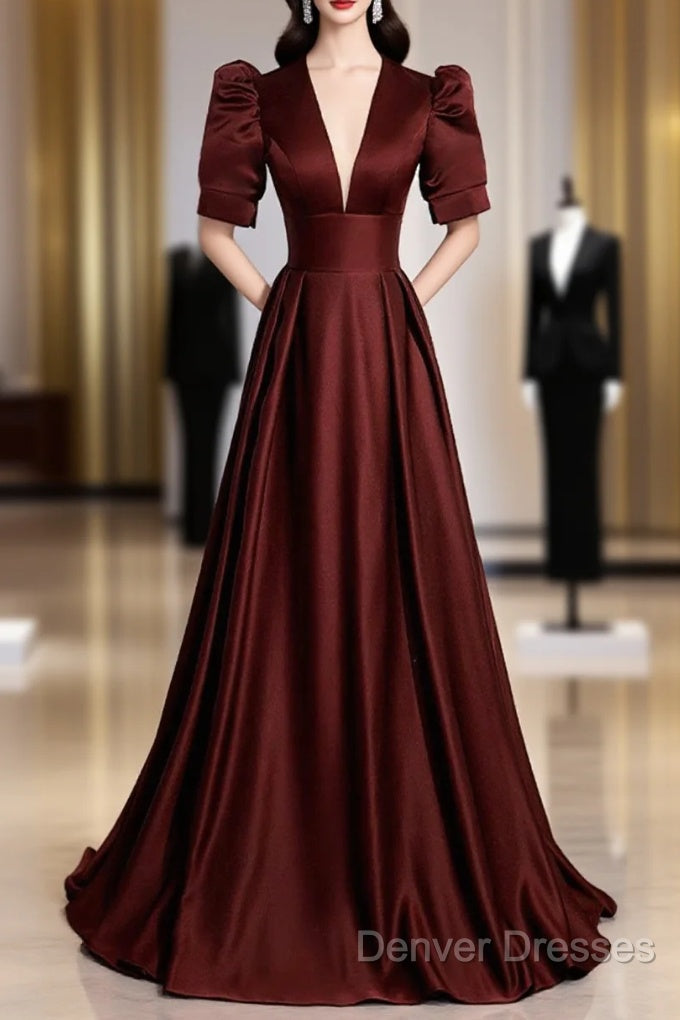 Burgundy V-Neck Satin Long Prom Dress, Simple Short Sleeve Evening Party Dress Main image