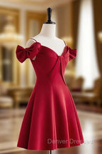 Burgundy  V Neck Satin Short Prom Dress, Burgundy Homecoming Dress