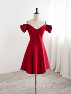 Burgundy  V Neck Satin Short Prom Dress, Burgundy Homecoming Dress