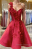 Burgundy v neck satin short prom Dress one shoulder cocktail Dress