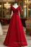 Burgundy V-neck Satin Short Sleeve Sequins Prom Dress