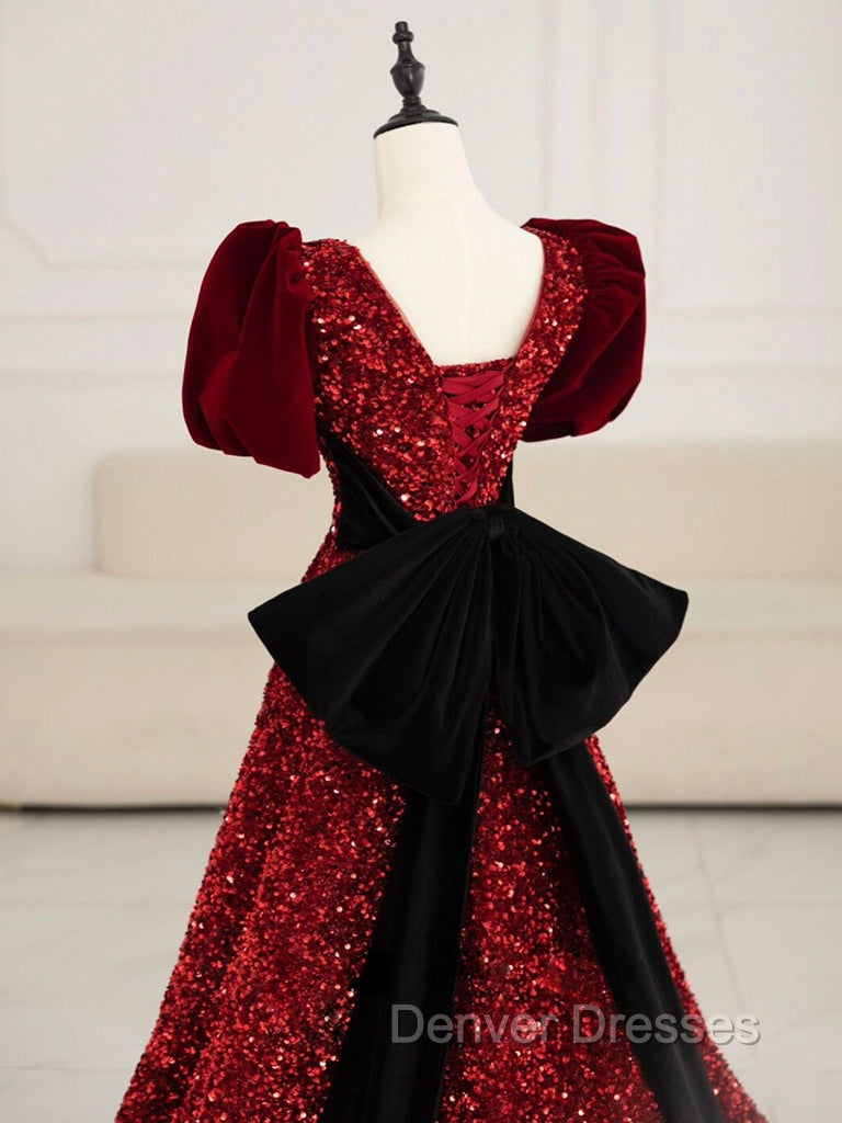 Burgundy V Neck Sequin Long Prom Dress, Burgundy Evening Dress Secondary image