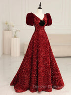 Burgundy V Neck Sequin Long Prom Dress, Burgundy Evening Dress