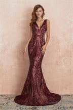 V-Neck Sequins Mermaid Sleeveless Lace-up Prom Dresses