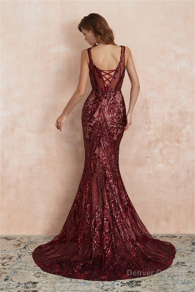 V-Neck Sequins Mermaid Sleeveless Lace-up Prom Dresses