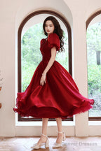 Burgundy V-Neck Short A-Line Prom Dress, Burgundy Short Sleeve Party Dress