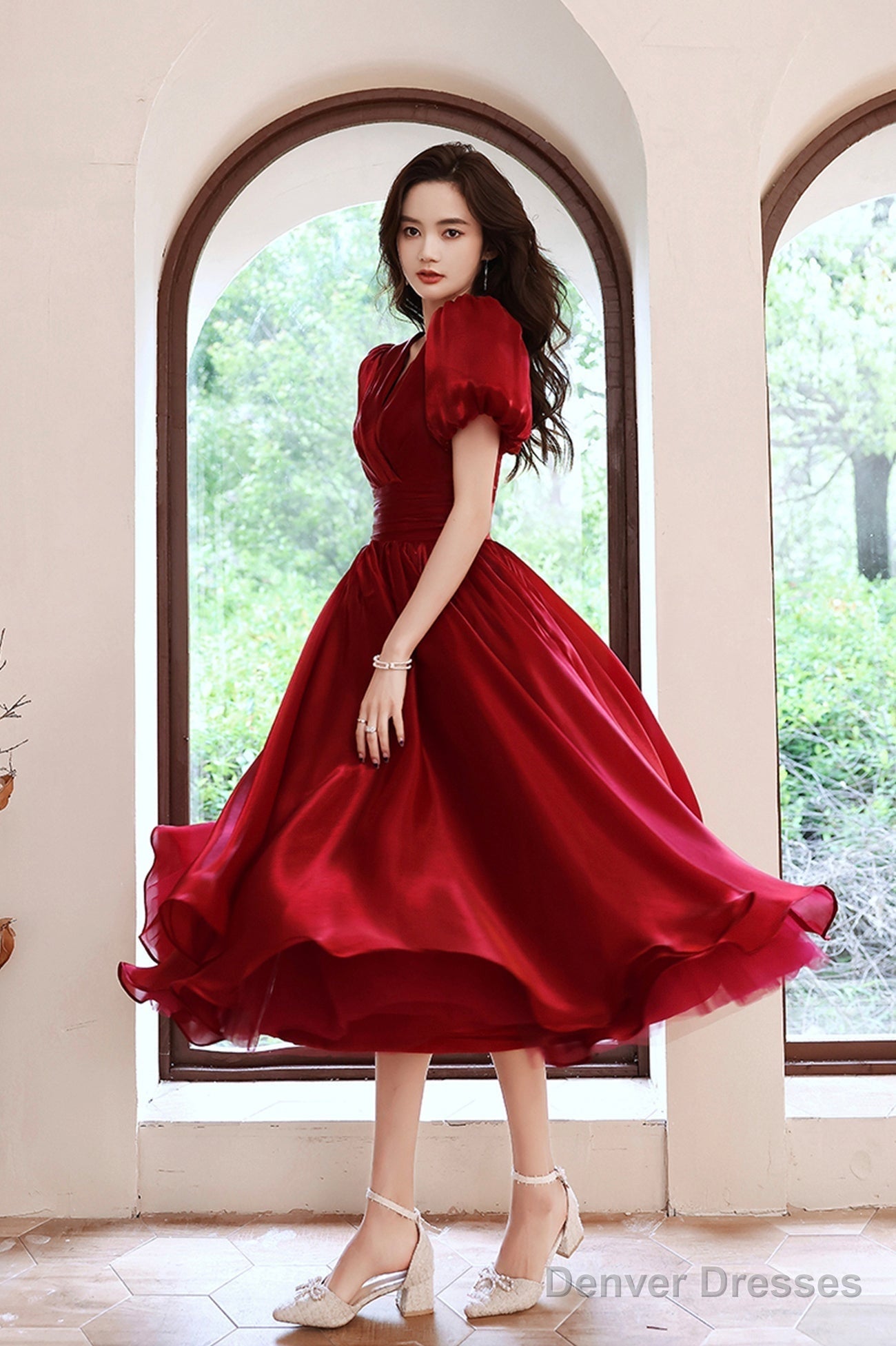Burgundy V-Neck Short A-Line Prom Dress, Burgundy Short Sleeve Party Dress