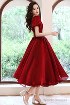 Burgundy V-Neck Short A-Line Prom Dress, Burgundy Short Sleeve Party Dress